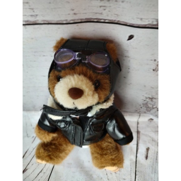 Green Pond Aviator Pilot Bear Leather Jacket Plush Stuffed Animal with Goggles - Picture 1 of 5